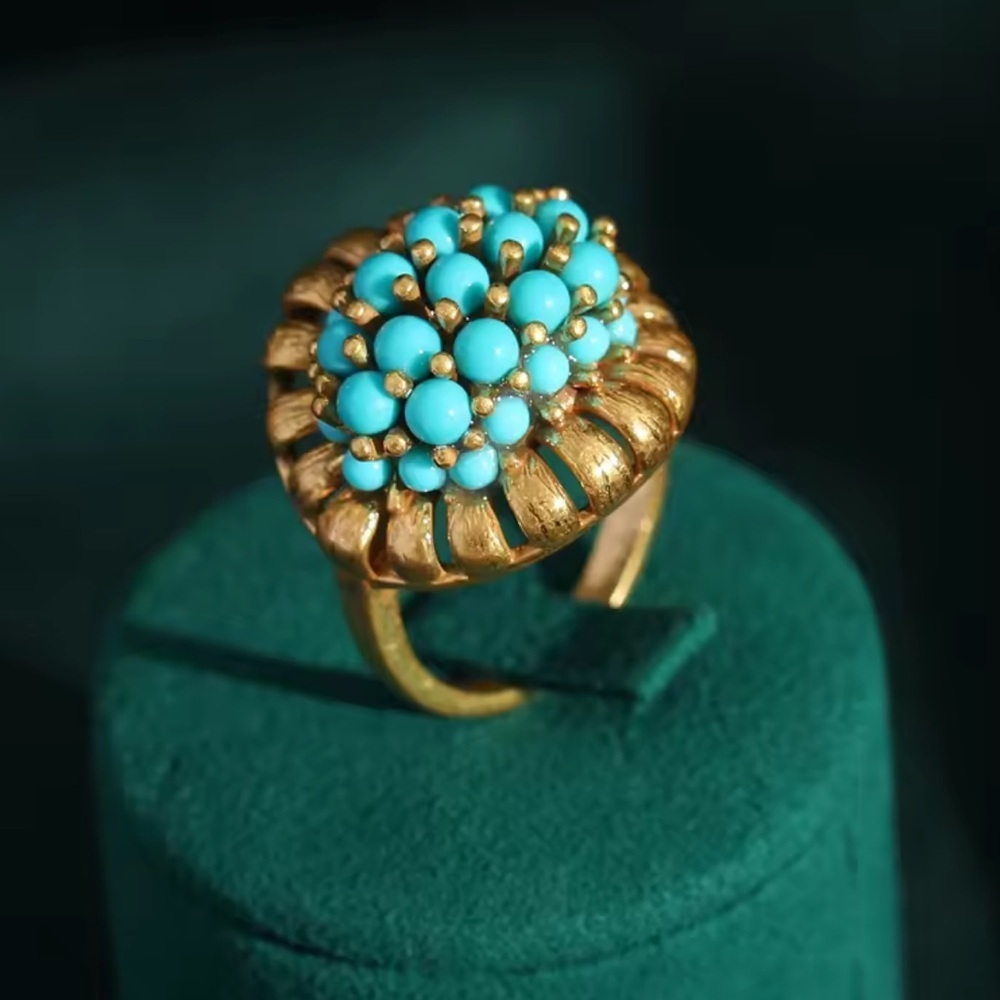 Golden Age Victorian Turquoise Treasure Antique Brass Masterpiece Ring - Picture 3 of 14